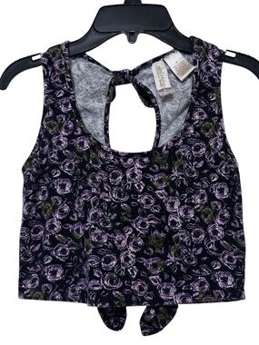 Mimi Chica Floral Tie Back Tank Crop Top Purple Black Rose Print Small